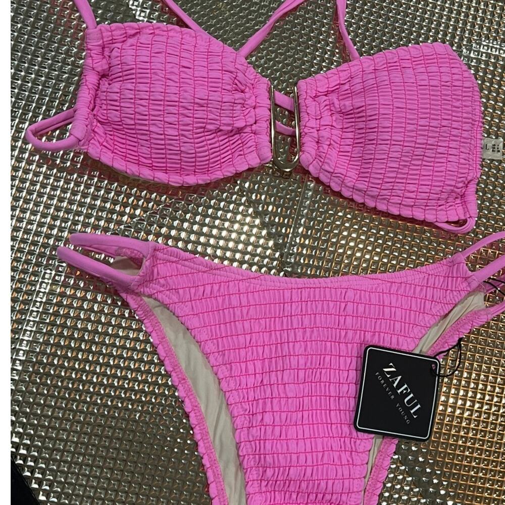 Zaful Pink Smocked Bikini Set Size S Crinkle Tie Strap Cheeky Bottom NWT (277)